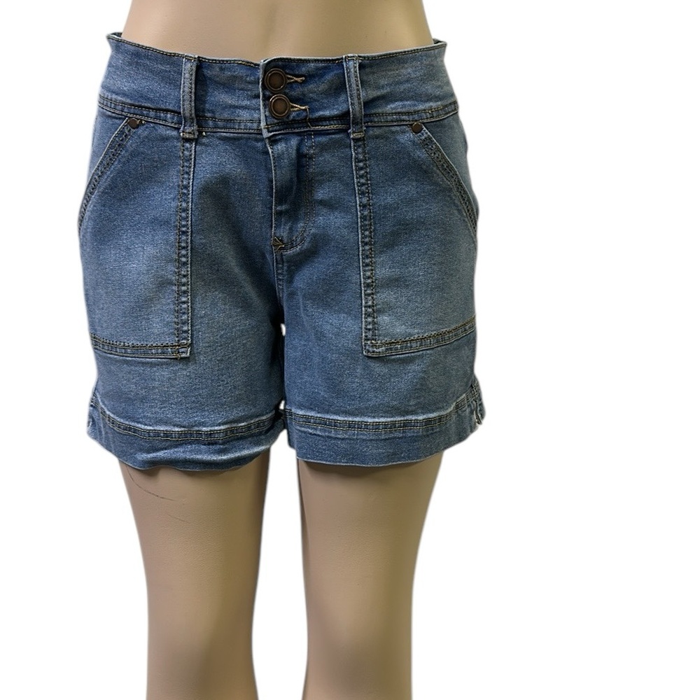 Maurices High Rise Y2K Stretch Denim Button Flap Pocket Blue Jean Short Womens 4